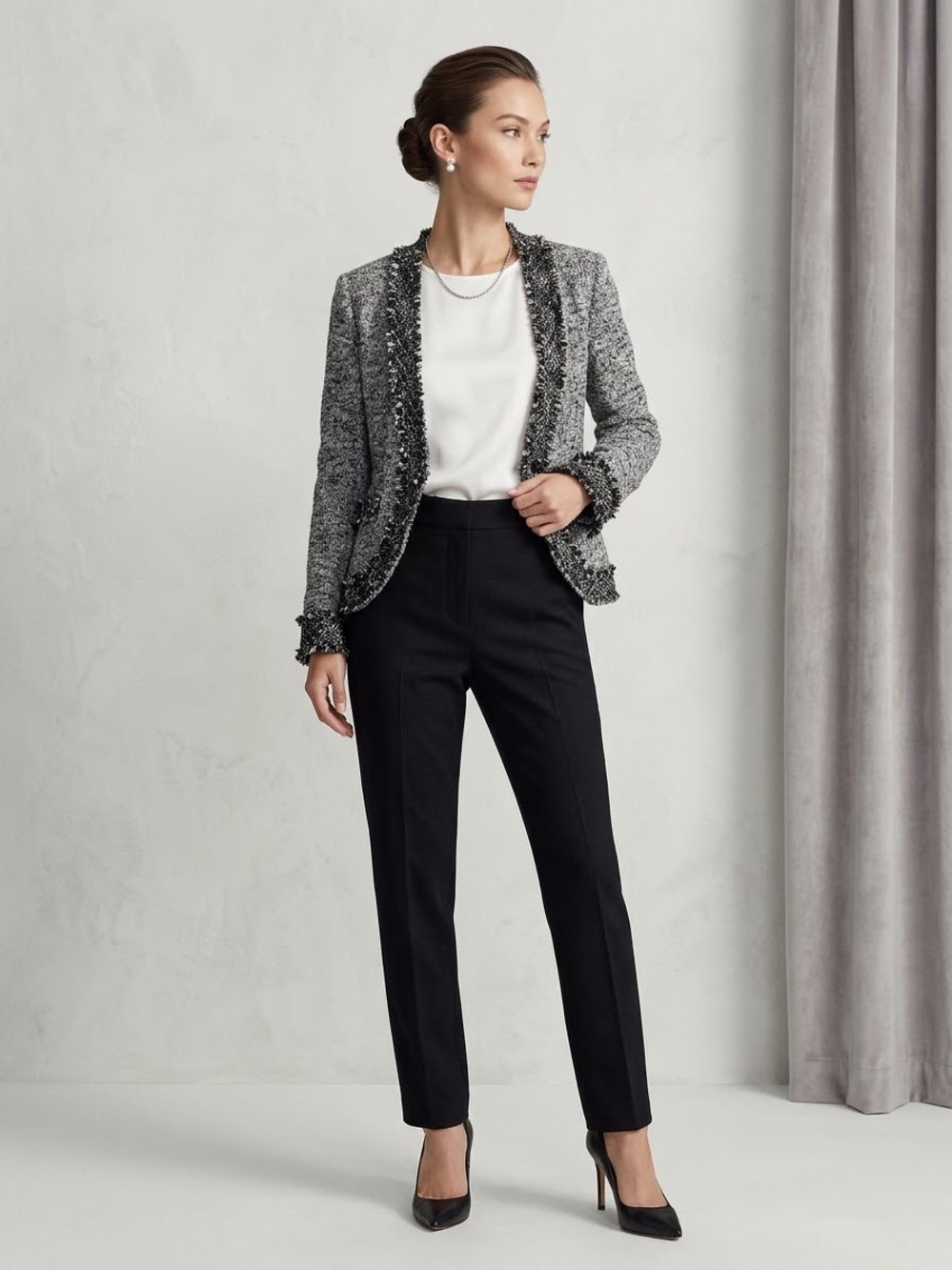 White House Black Market Tweed Fringe Trim Cardigan Jacket - Size S